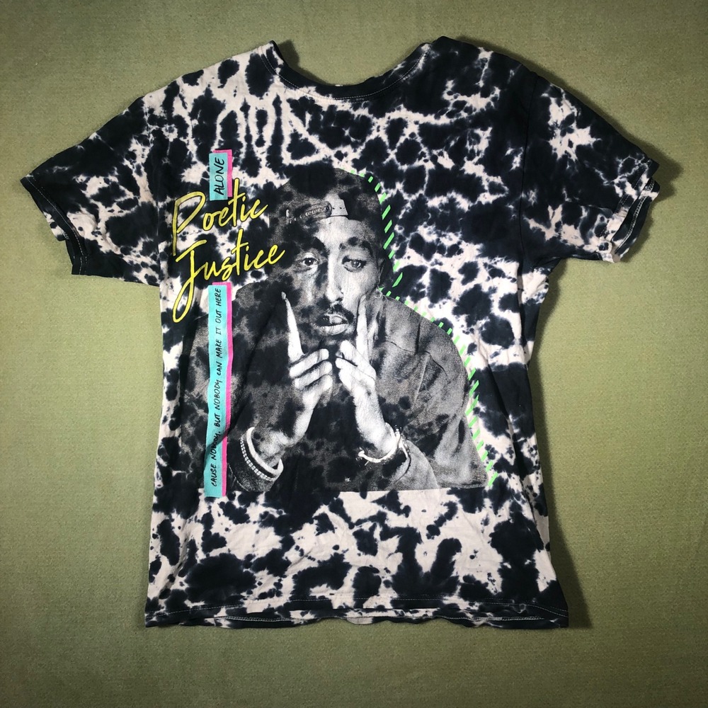 Poetic Justice Tupac T-Shirt Mens Small Black White Tie Dye Graphic Tee Y2K